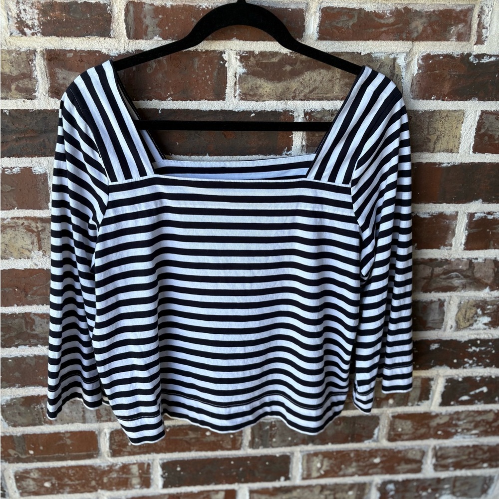 demylee Square Neck 3/4 Sleeve Black White Stripe Boxy Top Size Large
